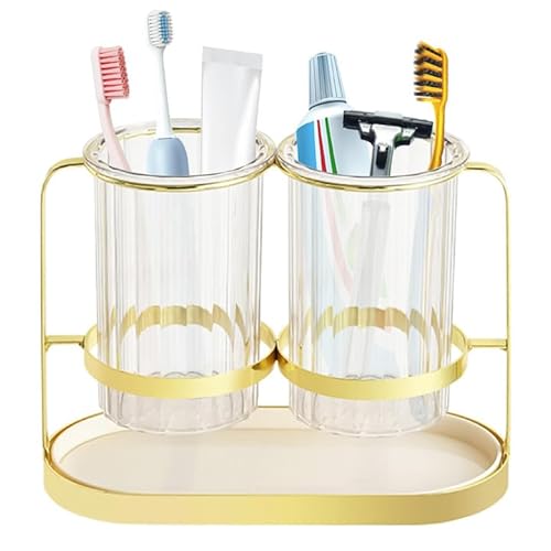 Zahnbürstenhalter, 21,6 x 9,9 x 16,5 cm Zahnbürstentopf mit Drainage Zahnbürstenhalter Wandmontage Zahnbürsten Organizer Badezimmer Zubehör für Küche, Waschtisch (Gold) von Les-Theresa