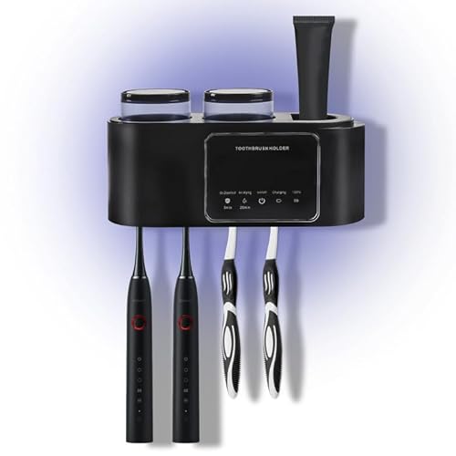 Zahnbürstenhalter, Halter für UV-Zahnbürsten-Desinfektionsmittel Zahnbürstenhalter zur Wandmontage mit 4 Pinselschlitzen, 2 Zahnputzbecher, Automatischer Zahnpastaspender für Kinder und Erwachsene Zahnbürstenhalter, Halter für UV-Zahnbürsten-Desinfektionsmittel Zahnbürstenhalter zur Wandmontage mit 4 Pinselschlitzen, 2 Zahnputzbecher, Automatischer Zahnpastaspender für Kinder und Erwachsene von Les-Theresa