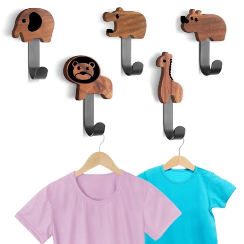 kindergarderobe,kinder kleiderhaken aus Holz in Tierformen,Garderobenhaken für Kinderzimmer,Wandhaken in Form einer Giraffe, Löwe, Elefant, Nilpferd, Nashorn,5er-Set (Nussbaum, Enthalten Schrauben) von Les-Theresa