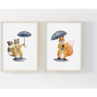 2Er-Set Fuchs Waschbär Poster A4 | 21x29, 7cm Oder 13x18cm Aquarell-Illustrationen Tiere Im Regen Regenschirm Geburtsgeschenk von LesVoilesDeLeon