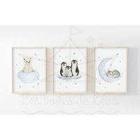 3-Teiliges Aquarellset Polar 30x40cm Bär Wolke Pinguine Eisscholle Wolf Mond Wanddekoration Kinderzimmer Geschenk Geburt von LesVoilesDeLeon