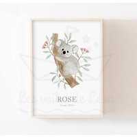 Aquarell Babyzimmer 30x40cm, Tier Australien Koala Eukalyptus, Kinderplakat, Natur Wanddekoration, Gemischtes Geburtsgeschenkplakat von LesVoilesDeLeon
