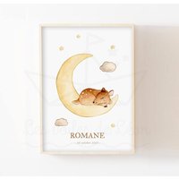 Aquarell Rehkitz Mond 30x40cm Illustration Himmel Sterne Wolken Wanddekoration Babyzimmer Geschenk Geburt Tiere Wald von LesVoilesDeLeon