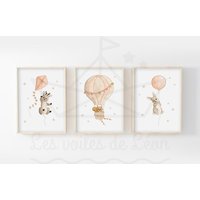 3Er-Set Aquarelle Baby Heißluftballon 30x40cm Illustrationen Wald Himmel Hirsch Eichhörnchen Hase Wanddekoration Kinderzimmer Geburtsplakat von LesVoilesDeLeon