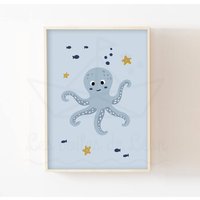 Poster Oktopus 30x40cm Kinderzimmer Deko Marine Ozean Baby Geburt Geschenk Tierposter Seestern Fisch von LesVoilesDeLeon