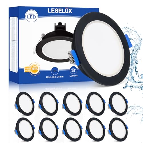 Leselux LED Einbaustrahler 230V Schwarz IP65, 10x LED Spot 68mm, 5W Deckeneinbaustrahler 4000K Neutralweiß 400LM, Einbauleuchten Einbauspots Deckenspots Ultra dünn 35mm Für Badezimmer Schlafzimmer von Leselux