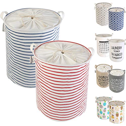 LessMo 2ST 19.7" Kordelzug Wäschekorb Lagerung Sorter, zusammenklappbare Pop-Up Wäschekörbe, Wasserdichte Runde Baumwolle Leinen (Streifen Verdickte 19.7" / groß) von LessMo