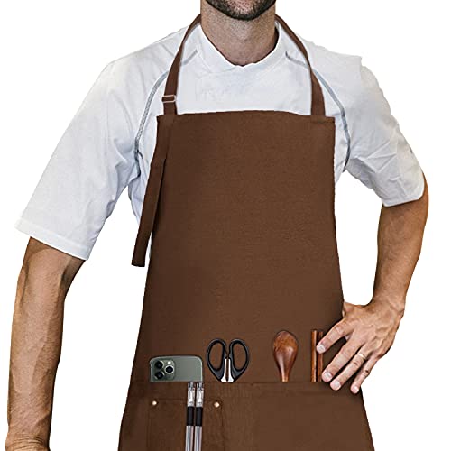 LessMo Schürze, Grillschürze und Kochschürze in Profiqualität mit verstellbarem Nackenriemen Und Mit Zwei Taschen, aus 100% Baumwolle 70 x 85 cm (Kaffee) von LessMo