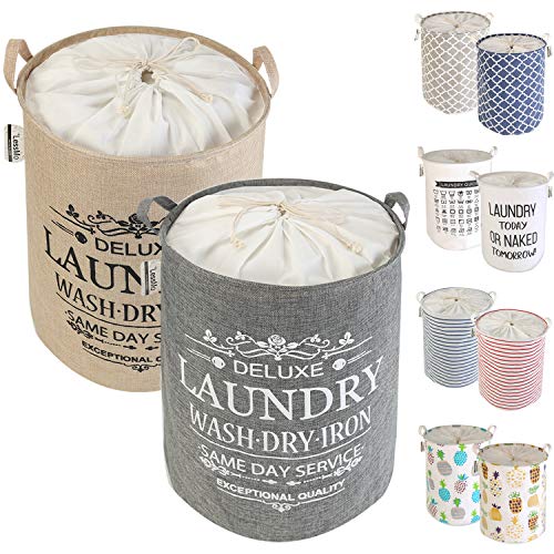 LessMo Wäschekorb, 2er 17.7" Pack Verdickte Faltbarer Runder Wäschesammler mit 2 Wäschesäcke, zusammenklappbare Pop-Up Wäschekörbe, Wasserdichte, Baumwolle Leinen (Grün/Gelb Verdickte 17.7" / Mittel) von LessMo
