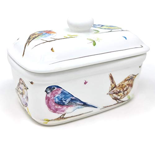 Butterdose"Country Life" Garden Birds Design, feines Porzellan, in einer Geschenkbox von The Leonardo Collection