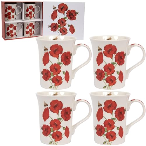 Lesser & Pavey Bee-Tanical Set mit 4 Keramiktassen – Narzissen, Mohnblume oder Disteln, Blumenmotiv (Mohnblume) von Lesser & Pavey