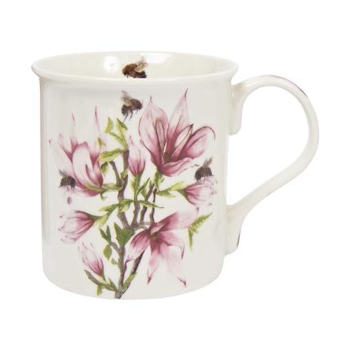 Lesser & Pavey Keramiktasse aus feinem Porzellan, Trinkkaffeetasse, bienenenbraunes Magnolien-Blumen-Design von Lesser & Pavey