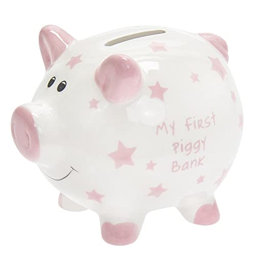 Spardose "My First Piggy Bank", Weiß mit Sternen, 12 cm, Rosa von Lesser & Pavey