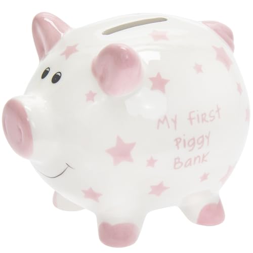 Spardose My First Piggy Bank, Weiß mit Sternen, 12 cm, Rosa von L & P Home & Gifts