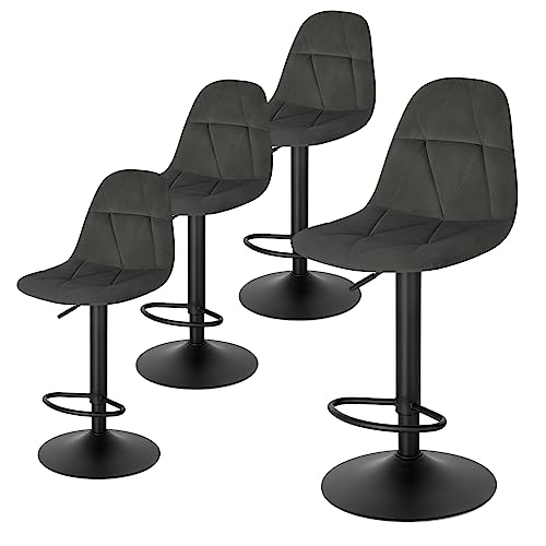 Lestarain Barhocker 4er Set, Tresenhocker, Bistrohocker, Design-Hocker mit Rückenlehne, höhenverstellbar, 360°Drehhocker, Barstuhl mit Samtbezug, aus Metall, Sitzhöhe 60-81 cm, dunkelgrau, LBAI64001-4 von Lestarain