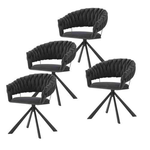 Lestarain Esszimmerstühle drehbar 4er Set, Drehstuhl Esszimmer, Küchenstuhl mit geflochtener Rückenlehne, Polsterstuhl, Design Stuhl, mit Samtbezug Metallgestell, Dunkelgrau von Lestarain