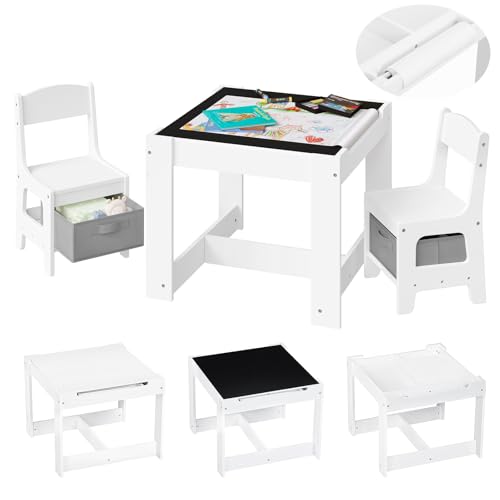 Lestarain 3 TLG. Kindertisch mit 2 Stühlen, Kindersitzgruppe, Kindermöbel Set mit Stauraum, Malttisch für Vorschüler, Tischplatte mit Tafel und Papierrolle, für Kinderzimmer Spielzimmer, Weiß von Lestarain