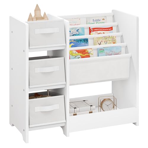 Lestarain Kinderzimmerregal, Spielzeug-Organizer, Regal für Kinderzimmer Spielzimmer, mit 3 Aufbewahrungsboxen 4 Hängefächern 1 Fach, aus Massivholz MDF, Weiß, 65x60x30 cm (BxHxT) von Lestarain