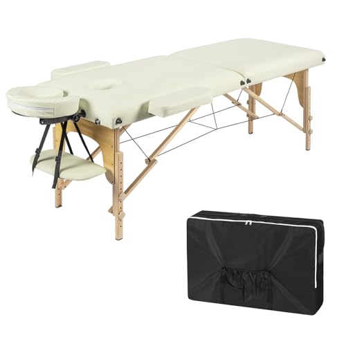 Lestarain Mobile Massageliege, Massagebank klappbar höhenverstellbar, tragbarer Massagetisch mit 2 Zonen, Kosmetikliege, mit Kopfstütze Armlehnen, inkl. Aufberahrungstasche, Holz, Creme, LNOG0003 von Lestarain