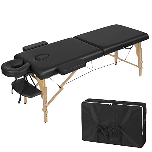 Lestarain Mobile Massageliege, Massagebank klappbar höhenverstellbar, tragbarer Massagetisch mit 2 Zonen, mit Kopfstütze Armlehnen, inkl. Aufberahrungstasche, Holz, Schwarz, LNOG0001 von Lestarain