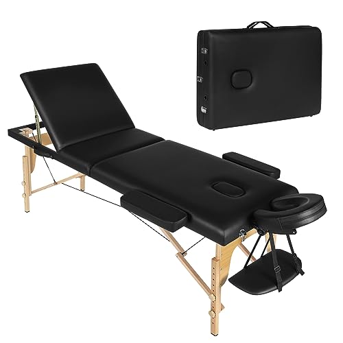 Lestarain Mobile Massageliege, Massagebank klappbar höhenverstellbar, tragbarer Massagetisch mit 3 Zonen, Kosmetikliege, mit Kopfstütze Armlehnen, inkl. Aufberahrungstasche, Holz Schwarz LNOG0004 von Lestarain