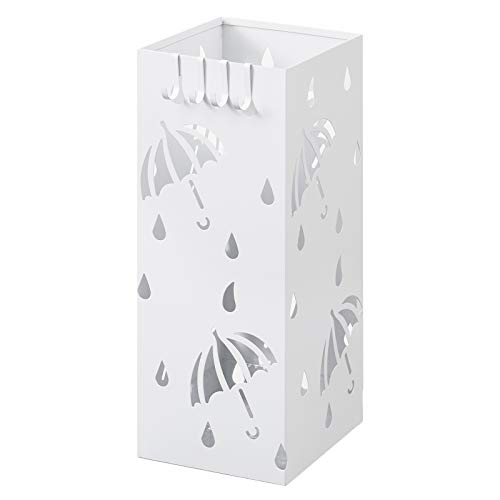 Lestarain Schirmständer Metall Regenschirmständer Schirmhalter mit Wasserauffangschale und Haken Quader Weiß 20x20x49 cm von Lestarain