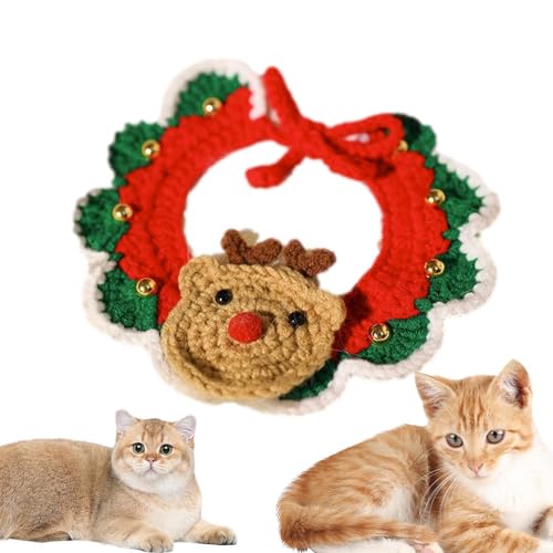 Lesunbak Weihnachten Hund Katze Weihnachtsmann Schal,Weihnachtsstrickhalsband für Katzen - Weihnachtlich gestrickter Kragenschal mit Glockenanhänger für Katzen, Hunde, mittelgroße Haustiere von Lesunbak