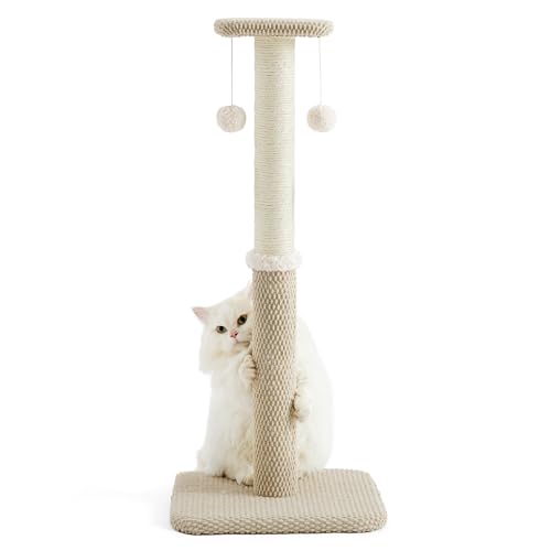 Lesure Indoor Kratzstamm groß Katzen – 86 cm Kratzsäule für Katzen mit Plattform aus strapazierfähiger Teppichstoff, Kratzbaum Grosse Katzen stabil mit Sisal und hängendem Ball, beige von Lesure