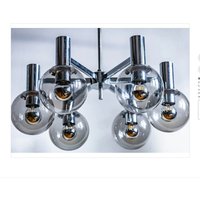 Großartiger Chrom Kaiser Mid Century 1960Er Jahre Chrom Kronleuchter Mit 6 Klaren Rauchgrauen Glaskugeln von LetThereBeLightDE