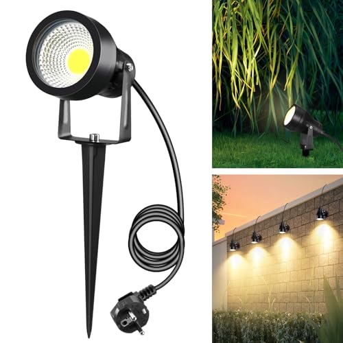 Letlit 7W 700LM Gartenbeleuchtung mit Strom Erdspieß, Superhell Große LED Gartenleuchte Warmweiß 3000K, IP65 Gartenstrahler Gartenlampen Außenlampe für Wand Außen Garten Terrasse Baum Wegen, 1 Stück von Letlit