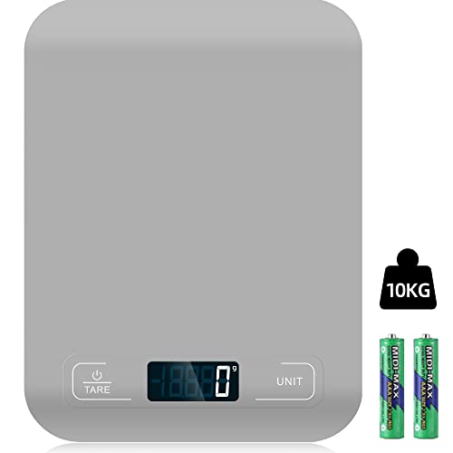 Küchenwaage Digital, 10KG Küchenwaage mit LCD Display und Tara Funktion, Professionelle Digitalwaagen zum Backen und Kochen, Genau 1g - (Grau) von Letron