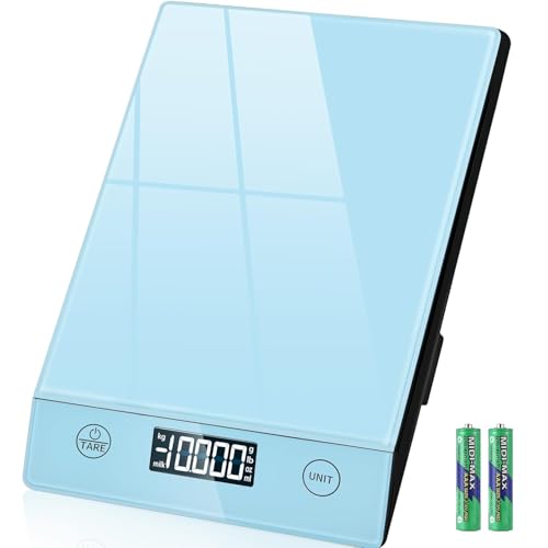 Küchenwaage Digital,Geneigtes Display,10KG,Hochpräzise 1g,mit Tara-Funktion,Glas Lebensmittelwaage Wasserdicht,Touchscreen inkl. Batterien-Blau von Letron
