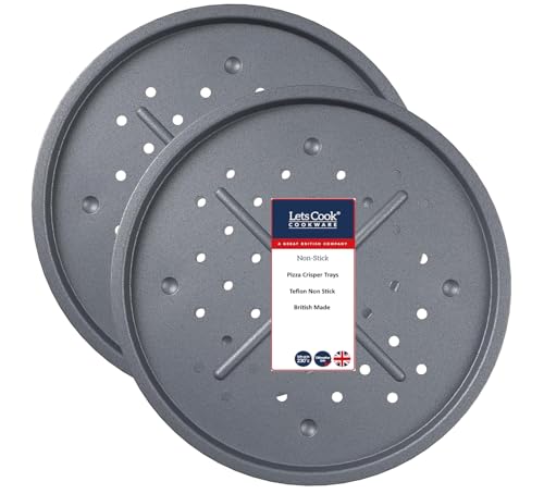 Lets Cook Cookware - Set mit 2 großen, runden Pizzaofen-Tabletts mit Belüftungslöchern, Rippen und Noppen, Teflon-Antihaftbeschichtung, hergestellt in Großbritannien, 33,5 cm von Lets Cook Cookware