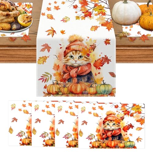 Lets Joy 1PCS Katze Kürbisse Ahornblätter Herbst Tischläufer, 4PCS Katze Kürbisse Ahornblätter Herbst Platzsets, Saisonnal Tischläufer und Tischsets Tischdekorationen, Party Tischdekoration Herbst Lets Joy 1PCS Katze Kürbisse Ahornblätter Herbst Tischläufer, 4PCS Katze Kürbisse Ahornblätter Herbst Platzsets, Saisonnal Tischläufer und Tischsets Tischdekorationen, Party Tischdekoration Herbst von Lets Joy