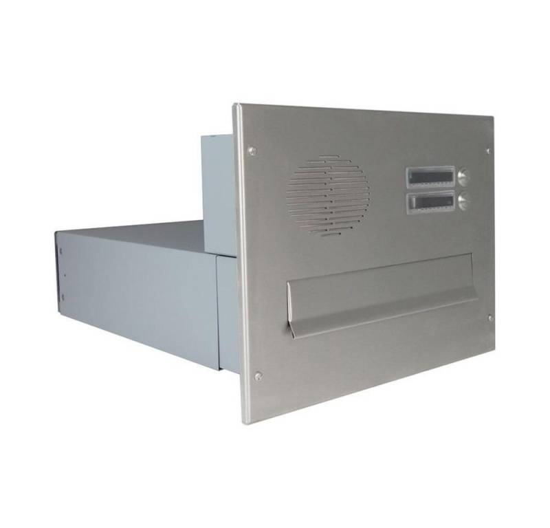 Letterbox24 Briefkasten BV Serie Edelstahl Mauerdurchwurf Briefkastenanlage mit Sprechsieb (1 Klingel, Sprechsieb, Busch-Jäger Gegensprechanlage-Set in weiß) von Letterbox24