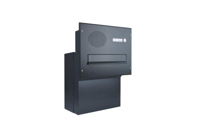 Letterbox24 Briefkasten F-046 schmaler Durchwurfbriefkasten in RAL 9005, Busch-J. Sprechanlage (1 Klingel, Sprechsieb, Busch-Jäger Gegensprechanlage-Set in weiß) von Letterbox24