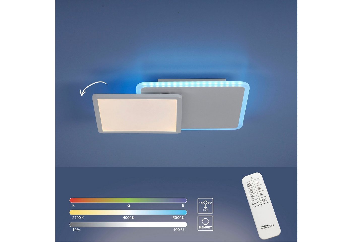 JUST LIGHT Deckenleuchte MADINA, CCT - über Fernbedienung, Memory, nach Trennung vom Netz, RGB, dimmbar über Fernbedienung, LED fest integriert, warmweiß - kaltweiß, CCT-tunable white,dimmbar über Funk-Fernbedienung,Serienschalter von JUST LIGHT