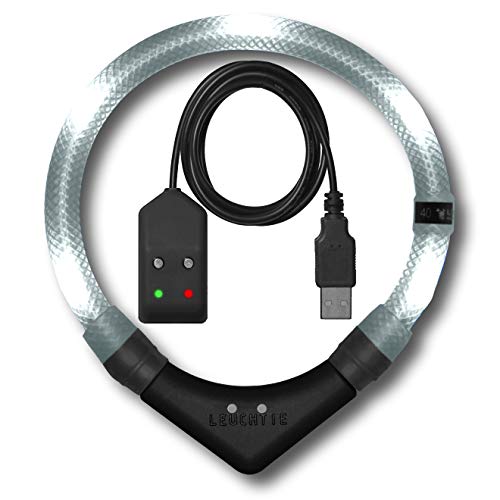 LEUCHTIE® Leuchthalsband Easy Charge für Hunde, USB aufladbar, wasserdichtes LED Halsband, extrem hell, 25h Leuchtdauer, kleine mittlere und große Hunde weiß Größe 40 von LEUCHTIE