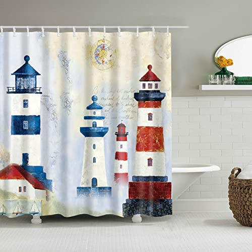 Duschvorhang 180x200 Leuchtturm Blau Rot Shower Curtains Polyester Duschvorhänge Antibakteriell Shower Curtain Duschvorhang Antischimmel mit 12 Duschvorhangringen Duschvorhang Badewanne von Leuchtturm