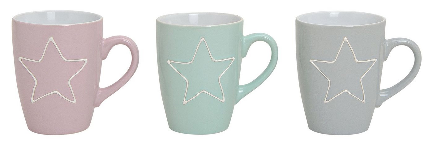 Levandeo® Becher, 3er Set Becher 300ml Stern Keramik Pastell Rosa Grün Grau Kaffeepott von Levandeo®