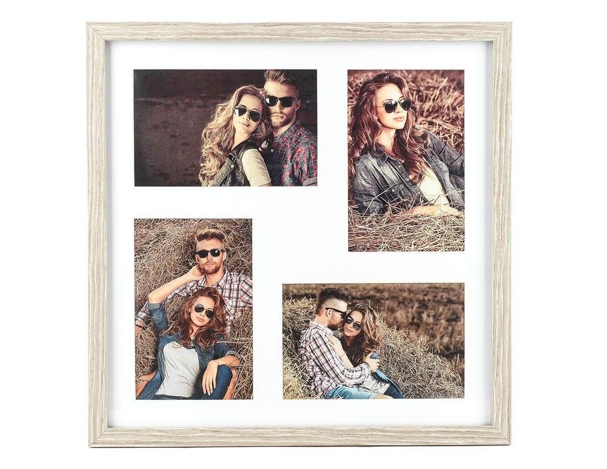 Levandeo® Bilderrahmen Collage, Fotorahmen 4 Fotos 10x15 Passepartout Holz Eiche gekälkt von Levandeo®