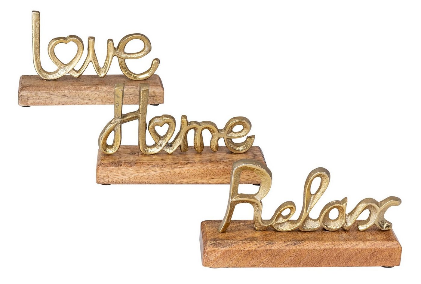 Levandeo® Deko-Schriftzug, 3er Set Schriftzug Love Home Relax Gold Mango Holz Metall Aufsteller von Levandeo®