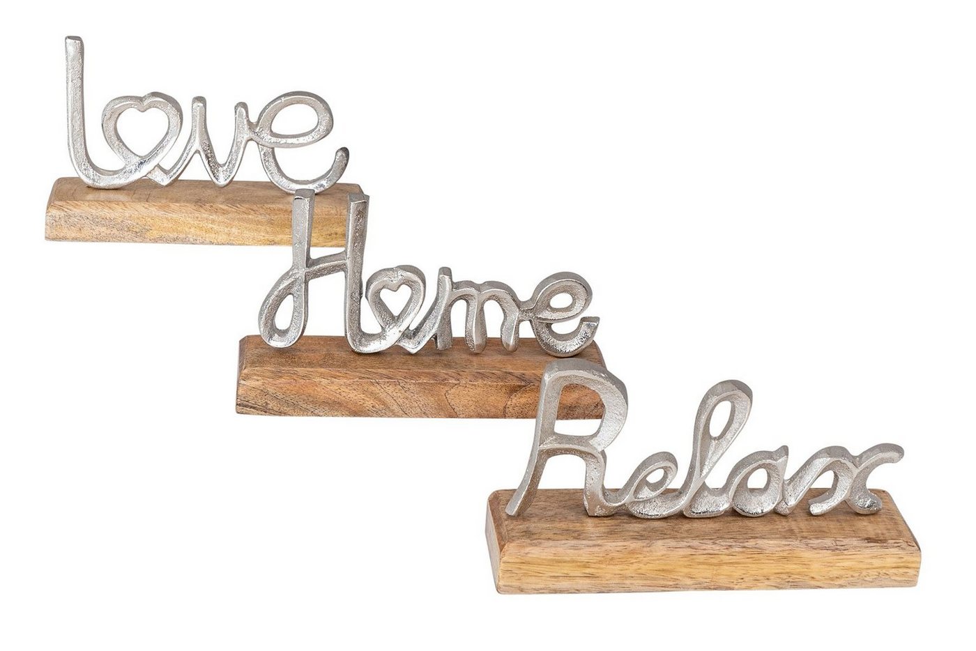 Levandeo® Deko-Schriftzug, 3er Set Schriftzug Love Home Relax Silber Mango Holz Metall von Levandeo®