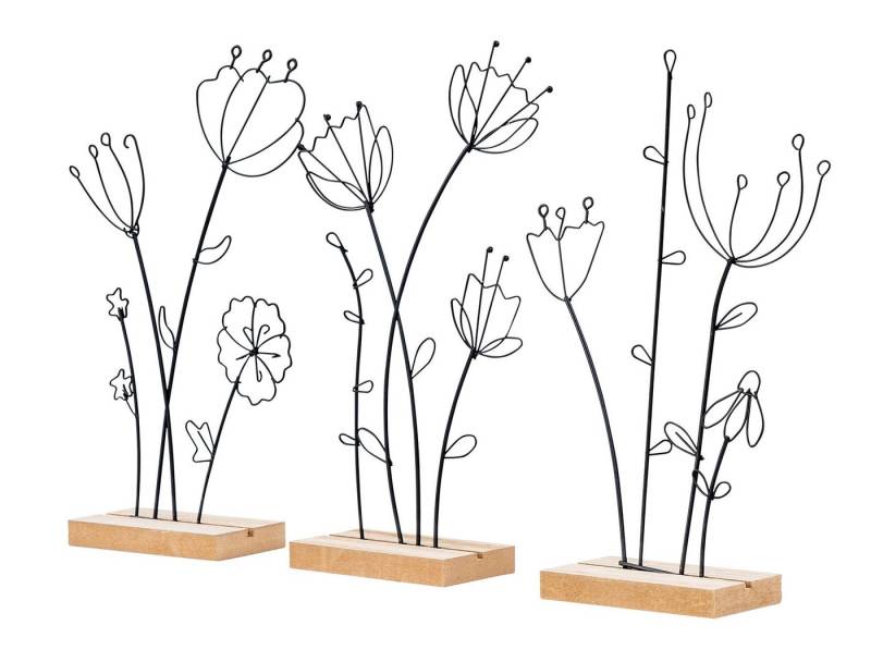 Levandeo® Dekoobjekt, 3er Set Aufsteller Blume Metall MDF Schwarz Natur Draht Deko von Levandeo®