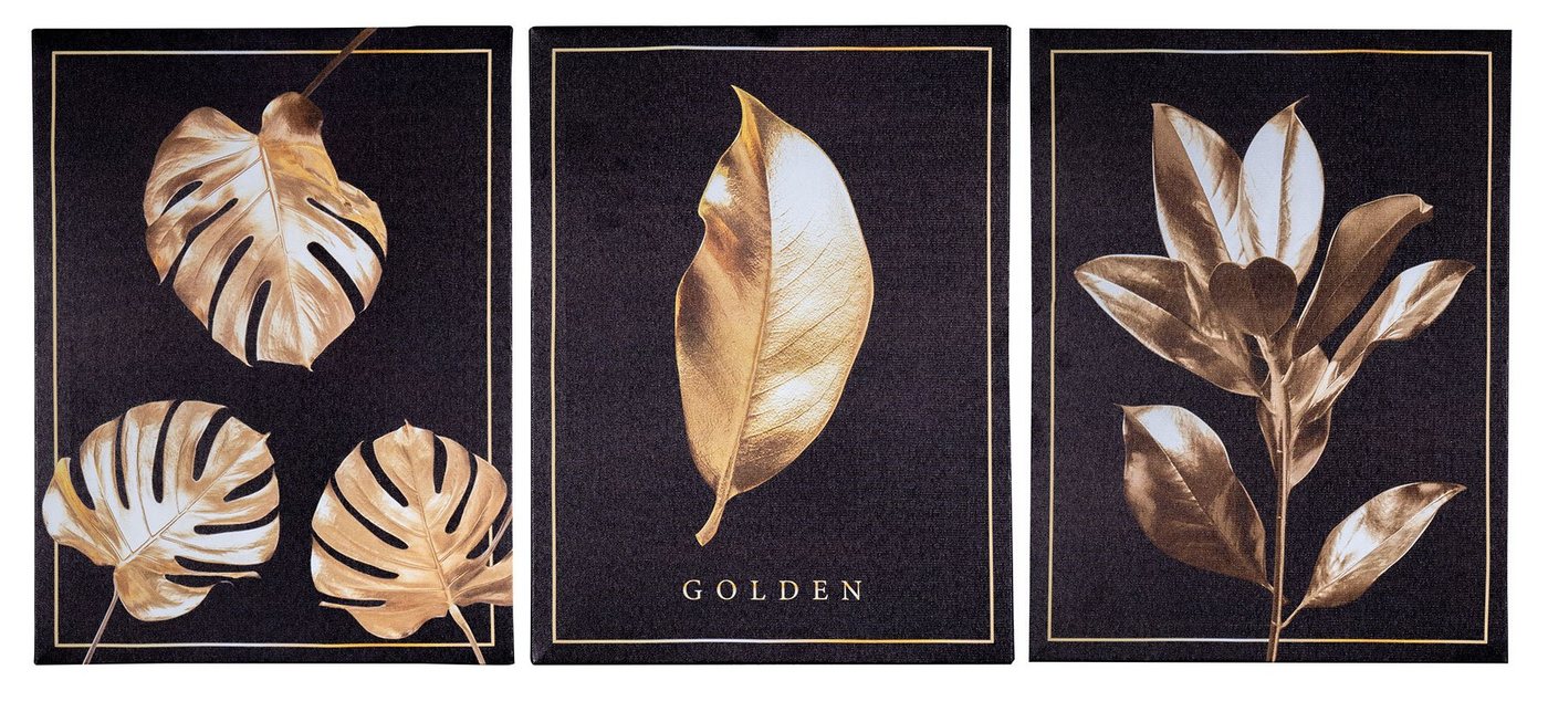Levandeo® Dekoobjekt, 3er Set Wandbilder 30x40cm Blätter Schwarz Gold Wanddeko Monstera von Levandeo®