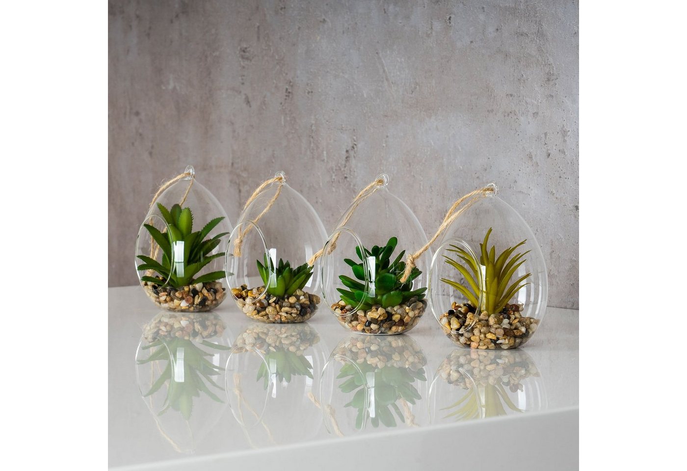 Levandeo® Dekoobjekt, 4er Set Sukkulenten B x H 8,5x12,5cm Glas Kunstpflanze Grün von Levandeo®