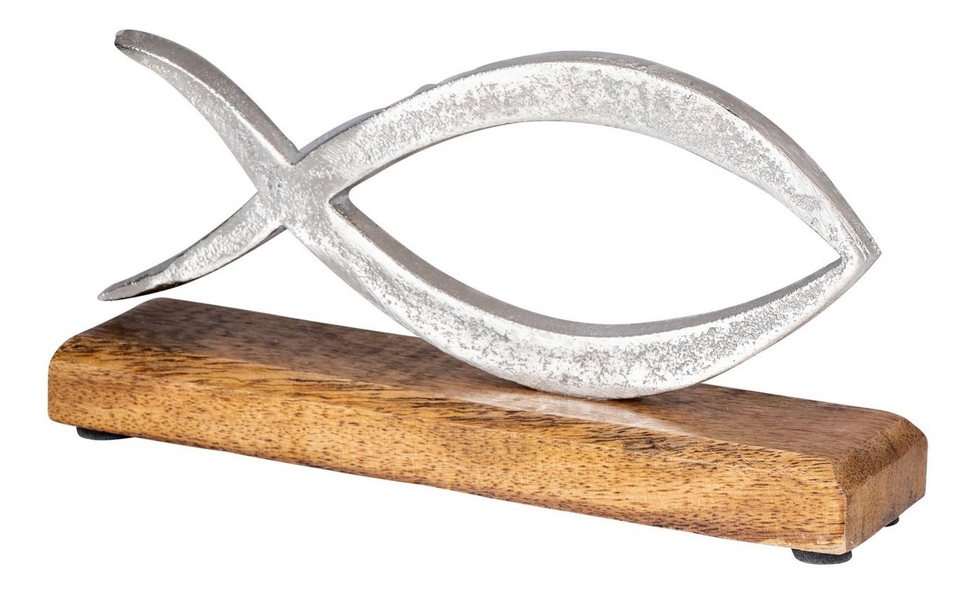 Levandeo® Dekoobjekt, Aufsteller Fisch L23cm Metall Mango Holz Silber Natur Maritime Deko von Levandeo®