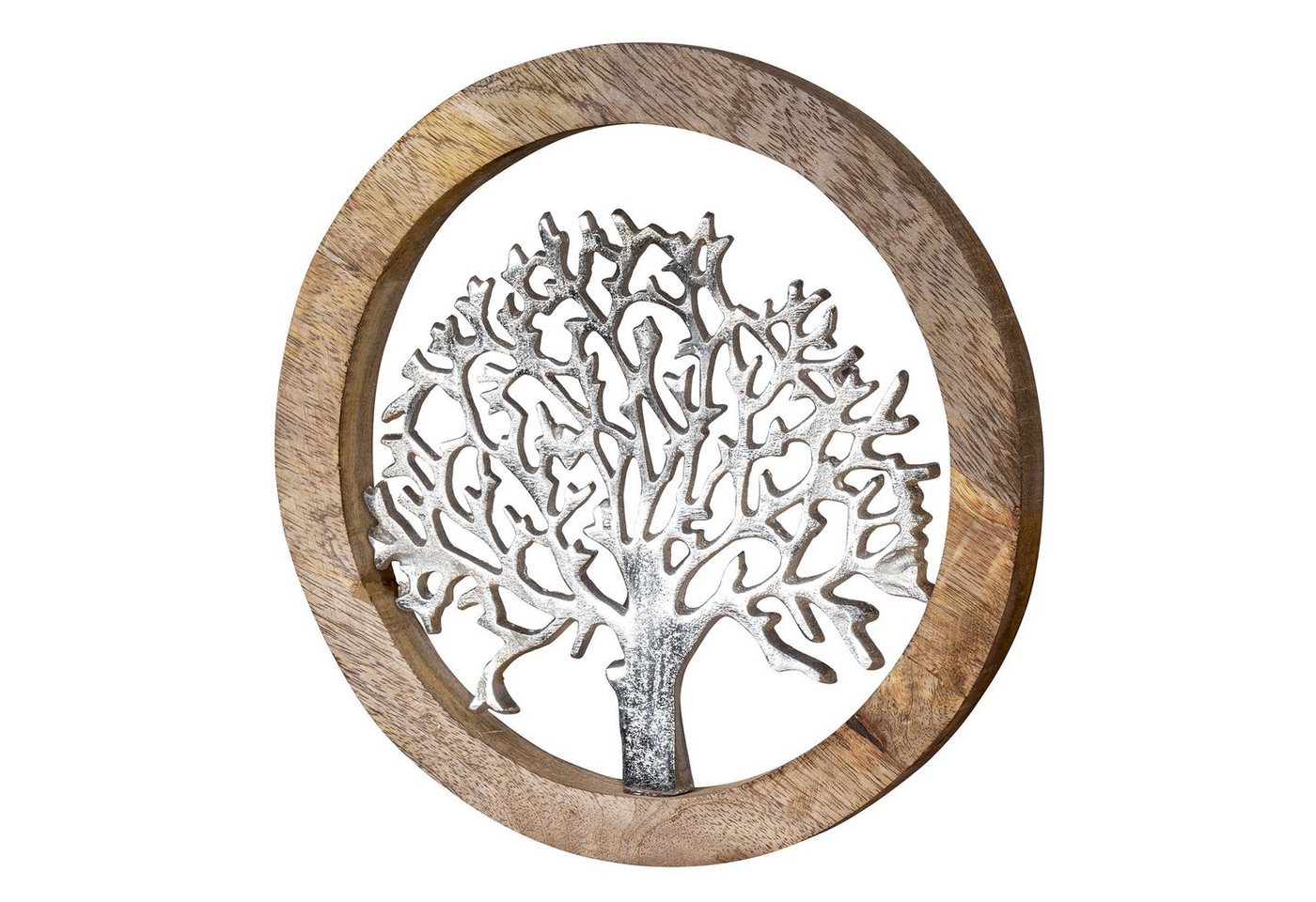 Levandeo® Dekoobjekt, Wandbild Ø25cm Lebensbaum Metall Holz Mango Silber Braun Bild von Levandeo®