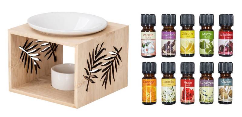 Levandeo® Duftlampe, Duftlampe Bambus Natur Weiß Keramik Holz Aromalampe Palmen-Blatt von Levandeo®