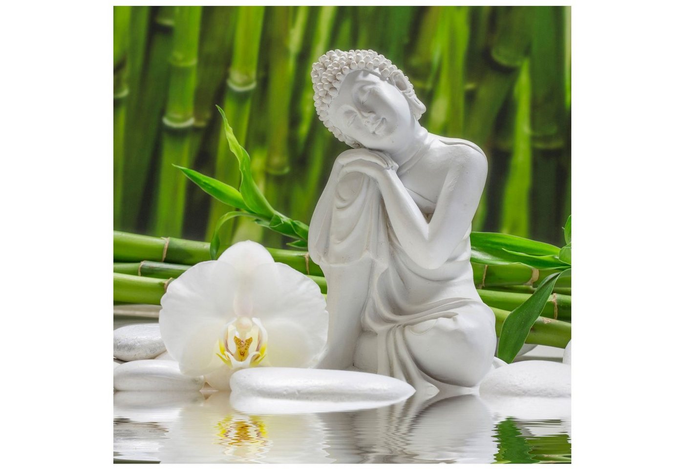 Levandeo® Glasbild, levandeo Glasbild 30x30cm Weiße Orchidee Bambus Buddha Wandbild von Levandeo®